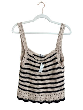 Madewell Stripe Crochet Sweater Tank Top Medium Black Cream Coastal NWT